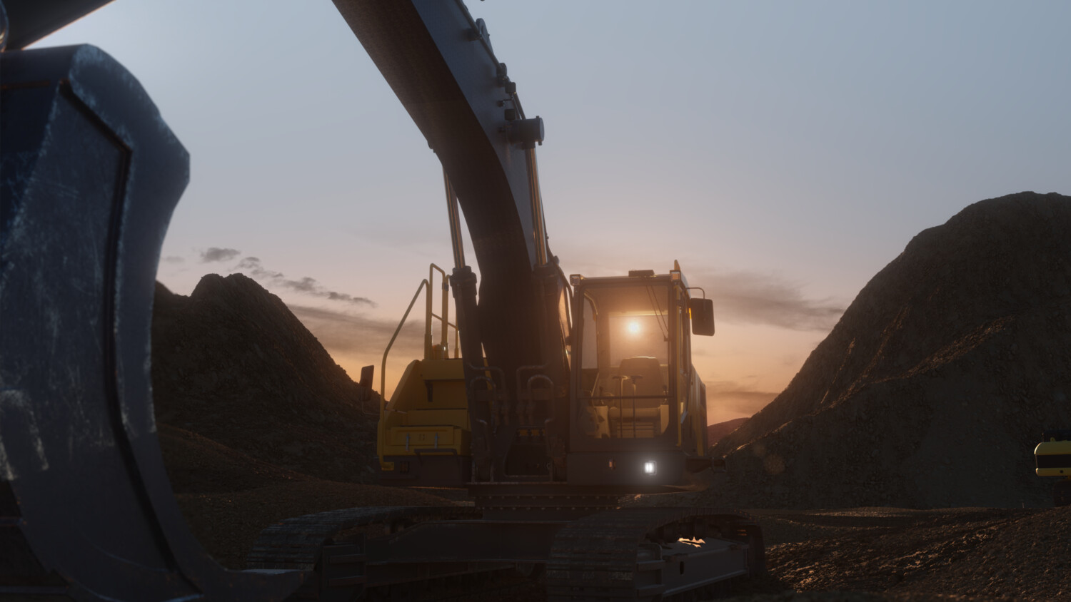 Mining excavator at sunset.