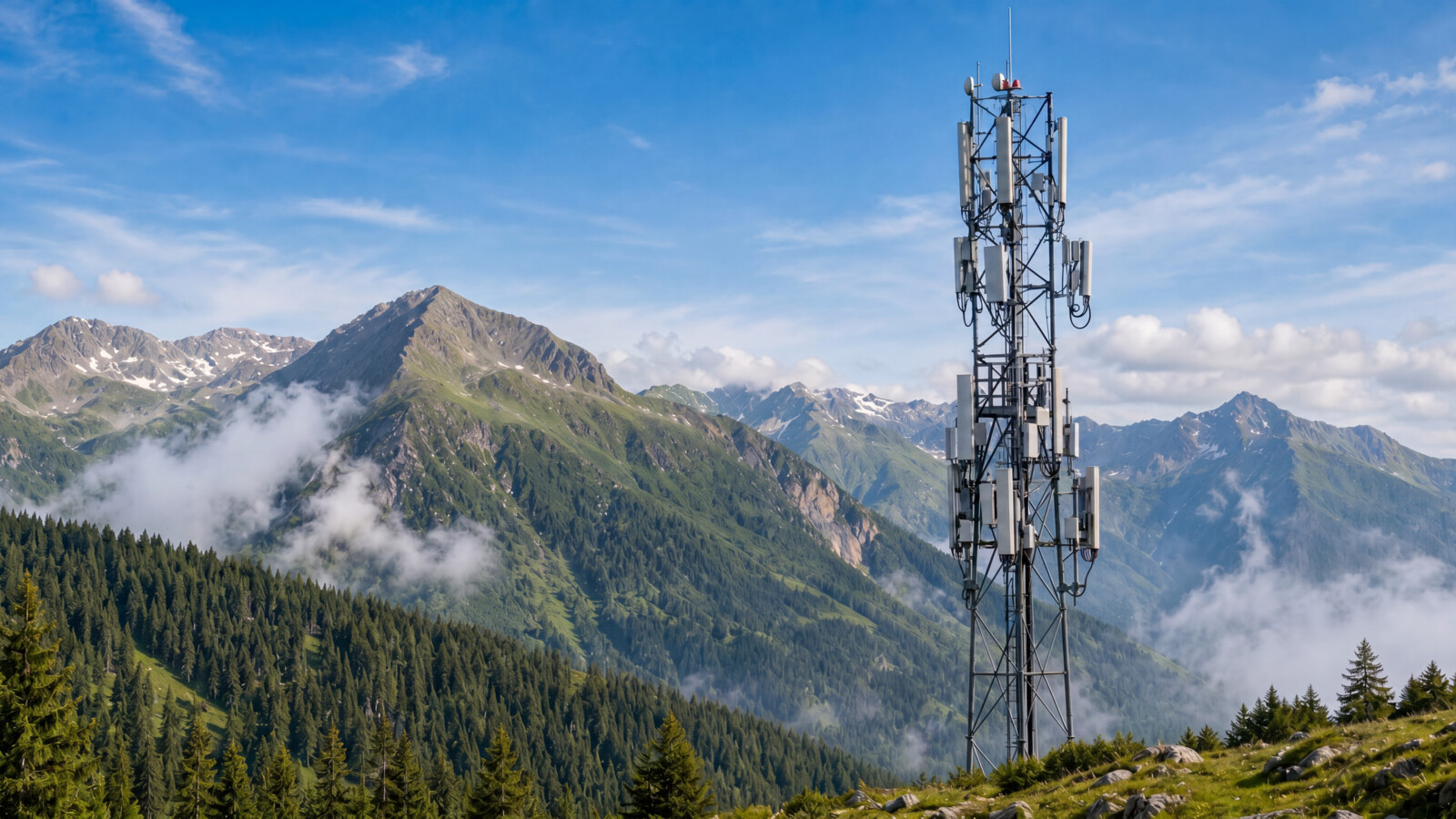 Radio tower mountain landscape web summer AI 4K