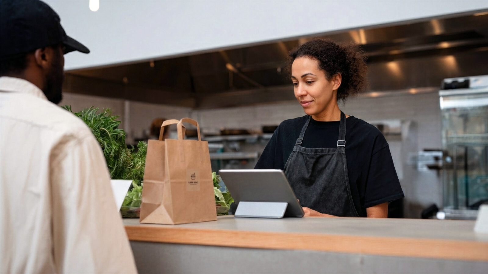 AI_generated Cafe worker handing takeaway order to customer at counter