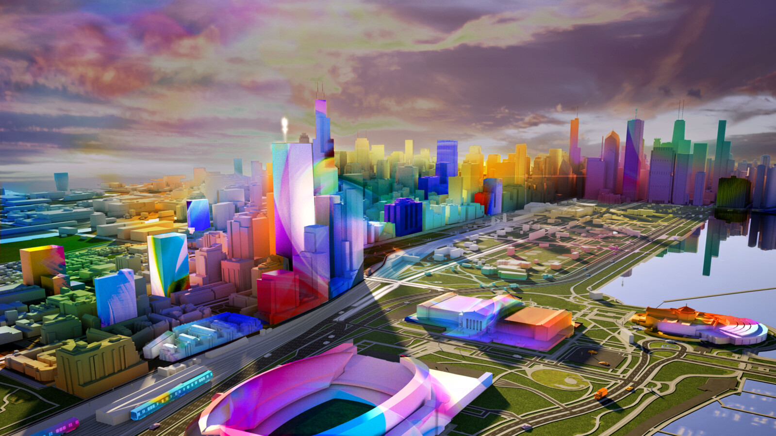 Colorful Ericsson city networks graphic.