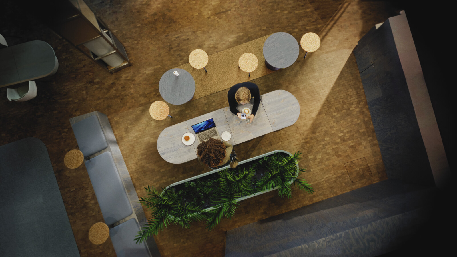 Customers at a restaurant, being online with food services connectivity