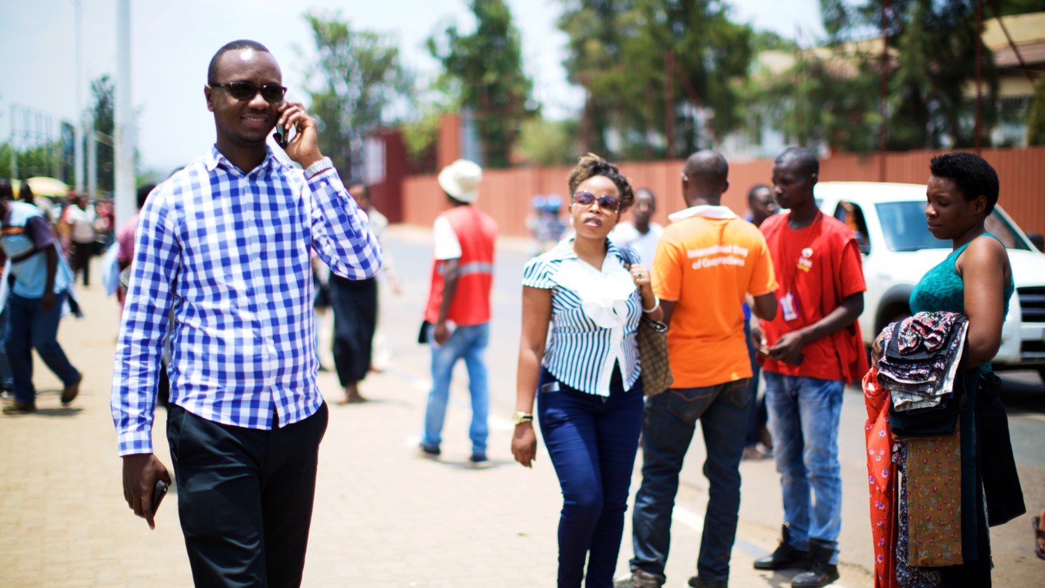 Smiling man talking on phone