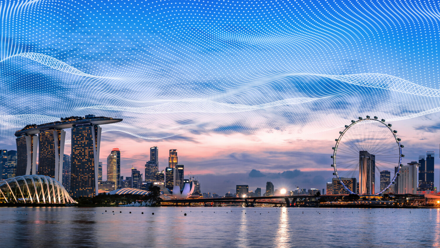 Singapore skyline at dusk with futuristic overlay.