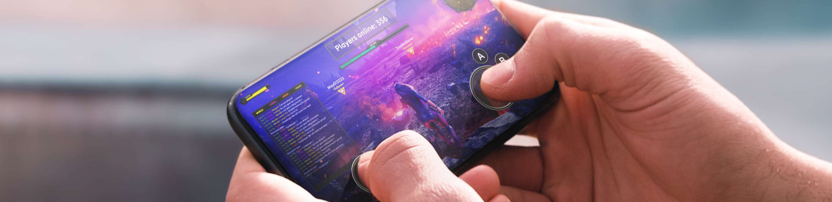 A person playing games with a smart phone. 