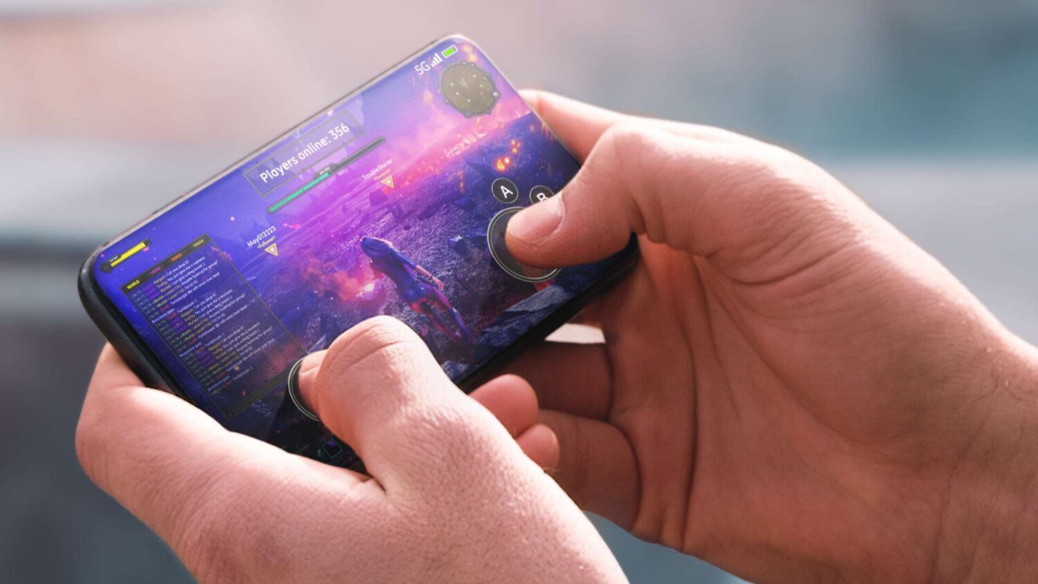 A person playing games with a smart phone. 