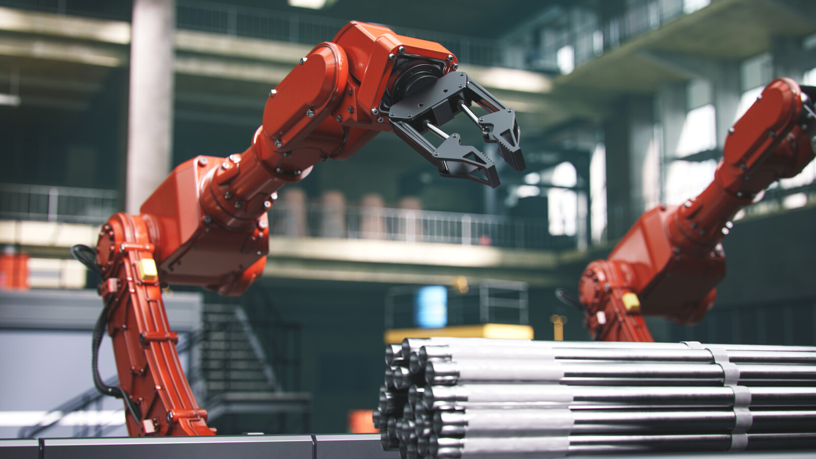Red robotic arms handling metal rods in factory setting.