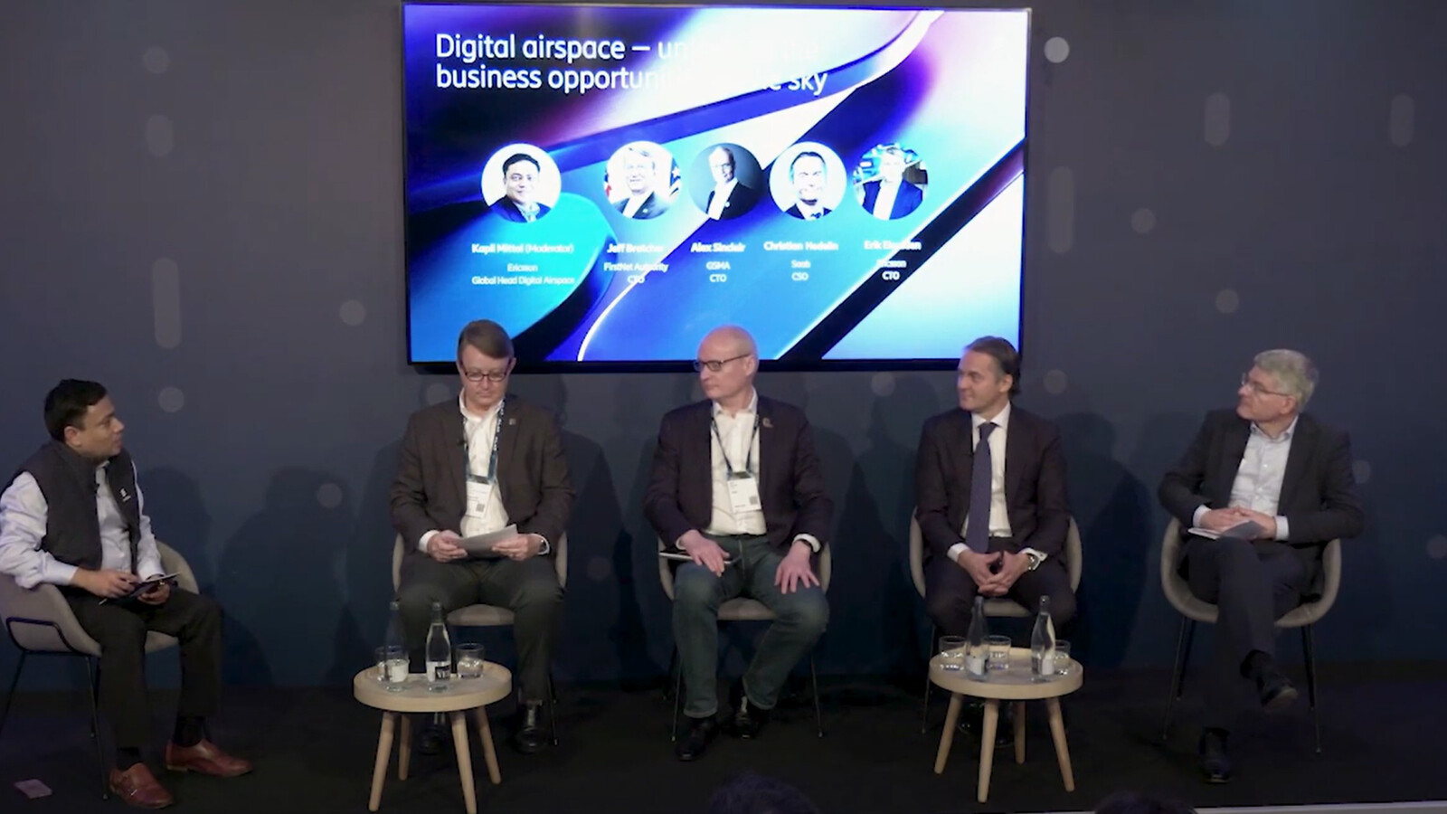 Ericsson panel discussion at Mobile World Congress 2025 on digital airspace and its business opportunities, focusing on the integration of telecom and aviation industries.