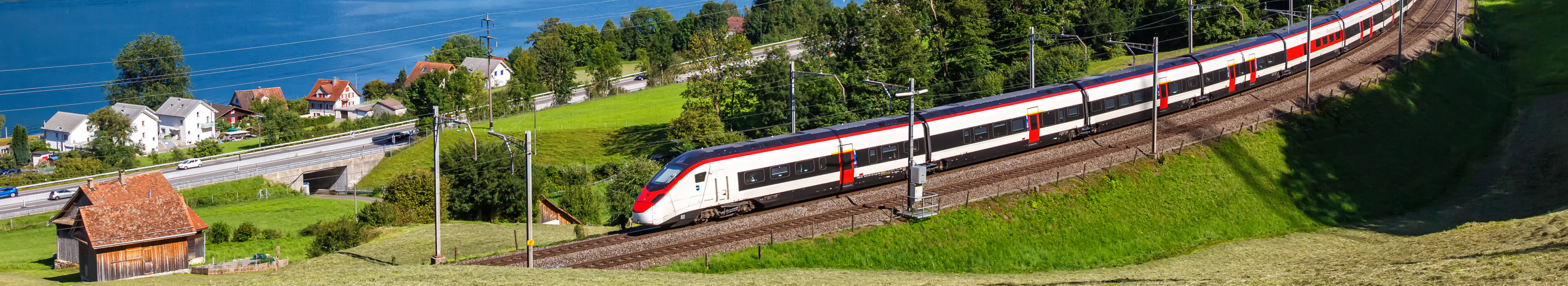 Train driving through Switzerland.