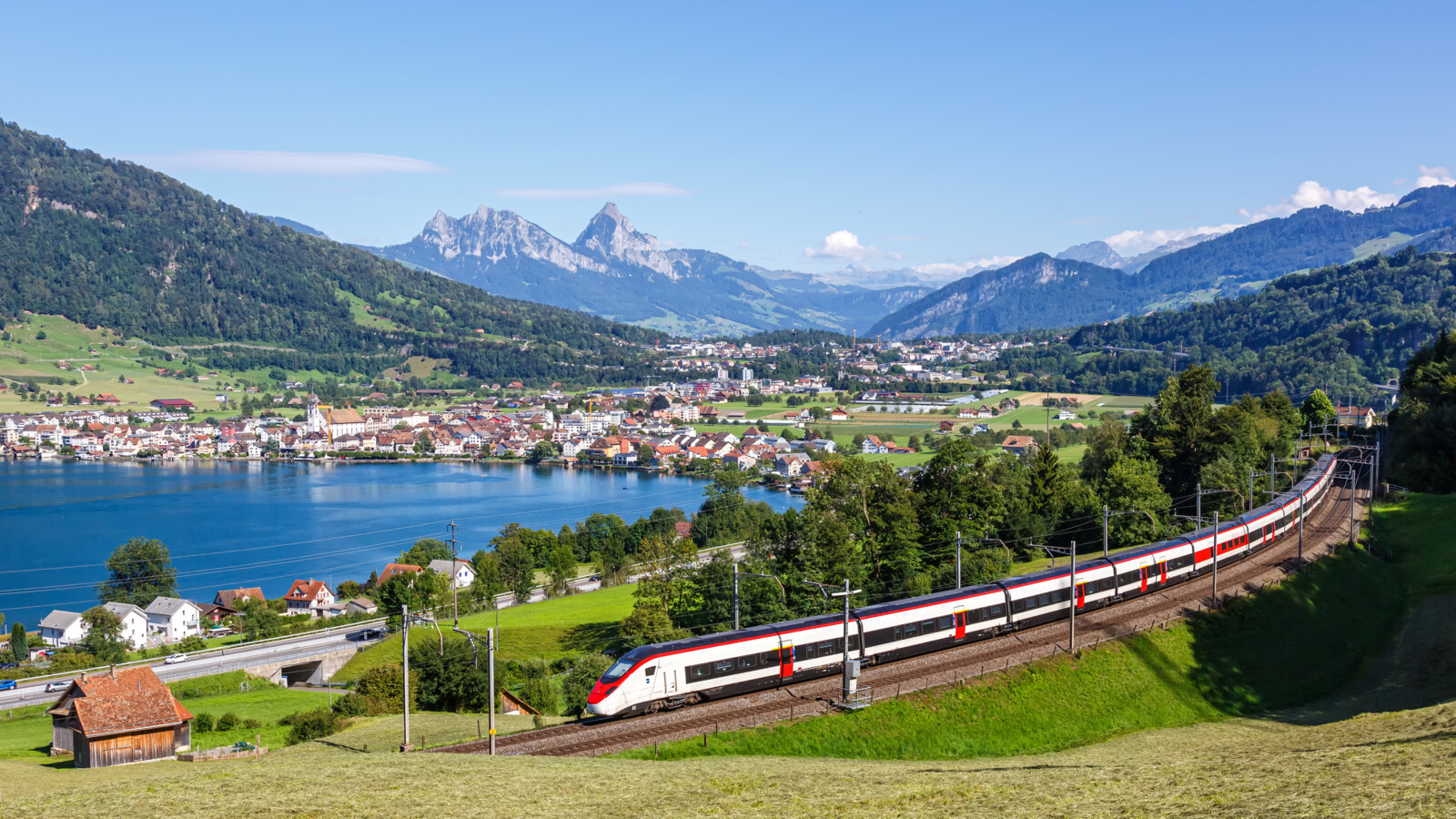 Train driving through Switzerland.