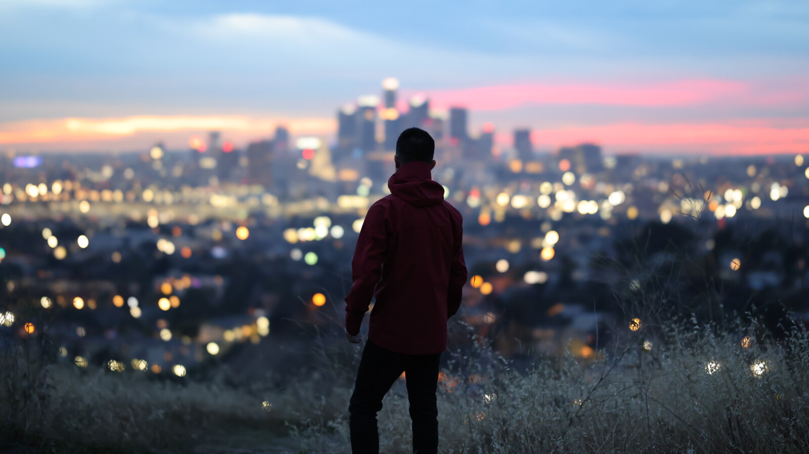 Silhouette of a person overlooking city lights at sunset from hill.