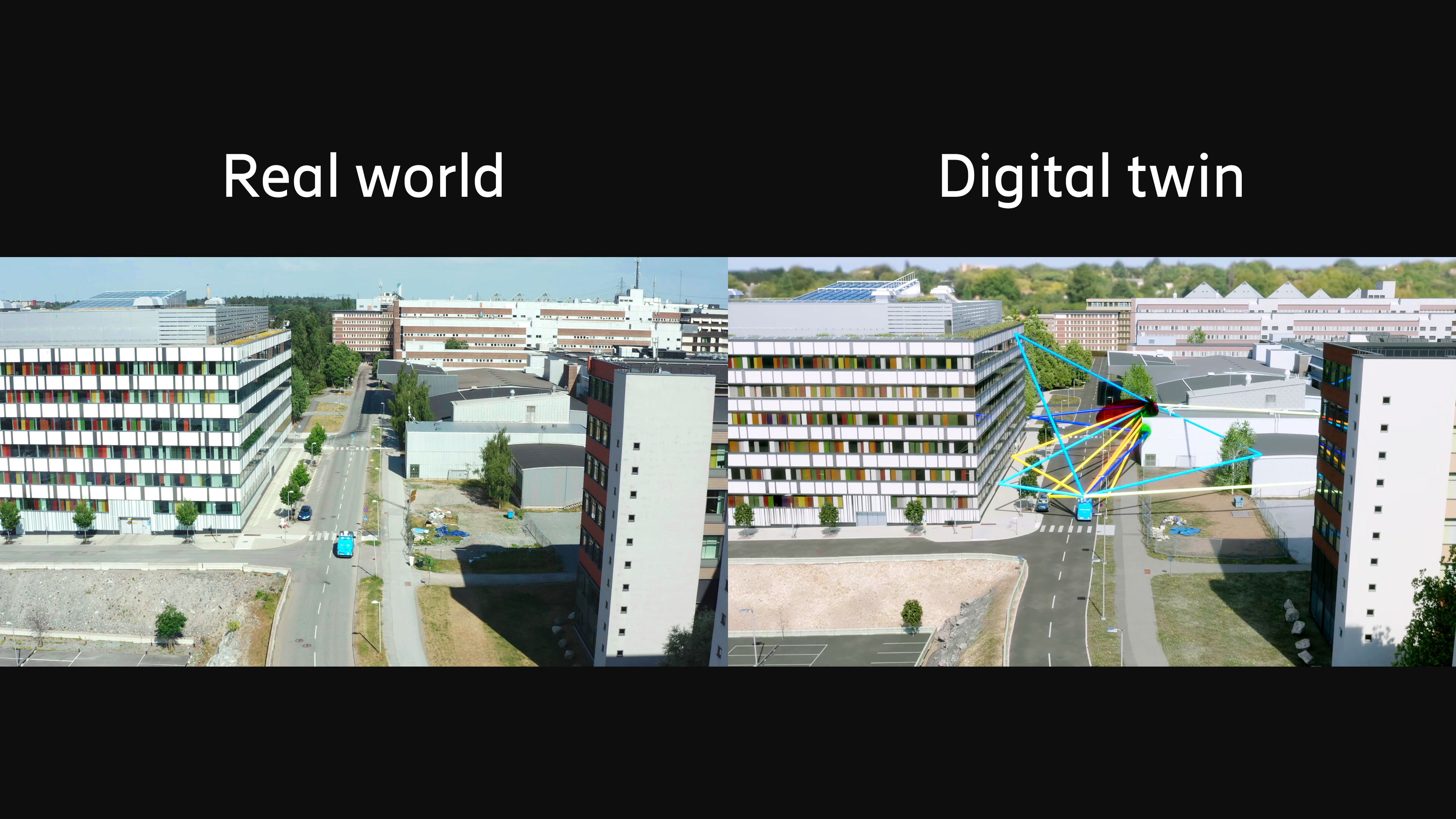 Figure 2: Example of a real-world city environment (left), accurately modeled in a digital twin simulator (right).