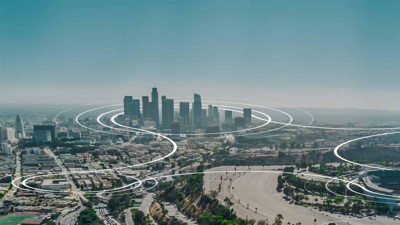 5G RAN slicing overlay graphic on image of a city.