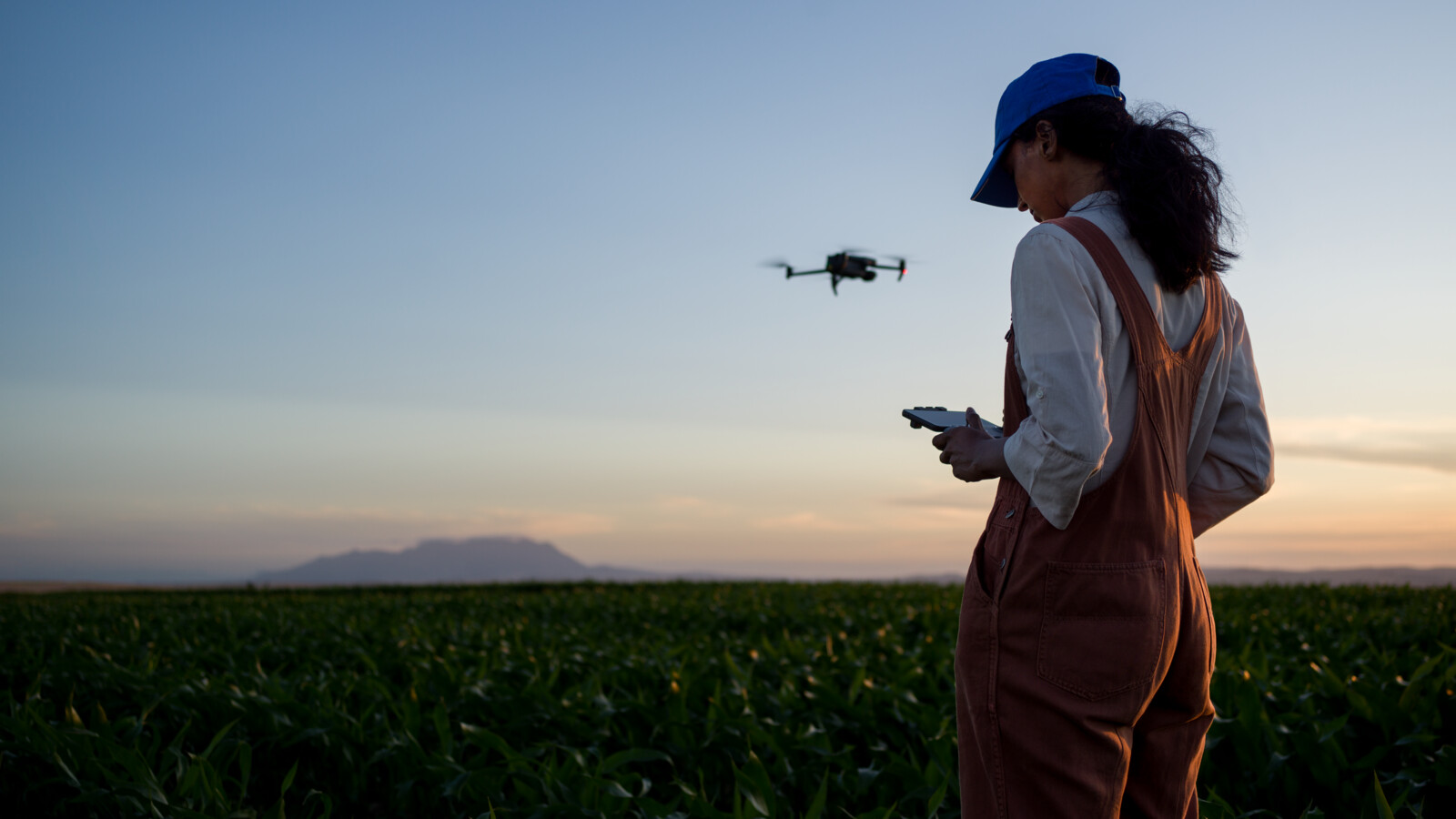 Woman with a drone in the field