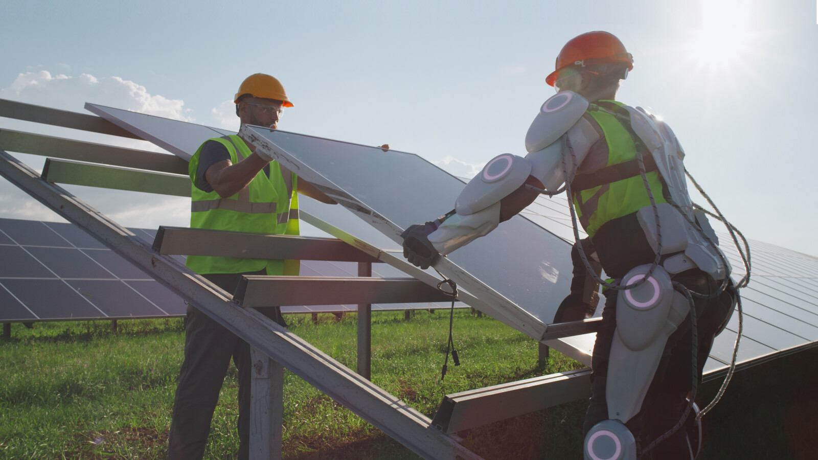 6G Man using exoskeleton mounting solar panel