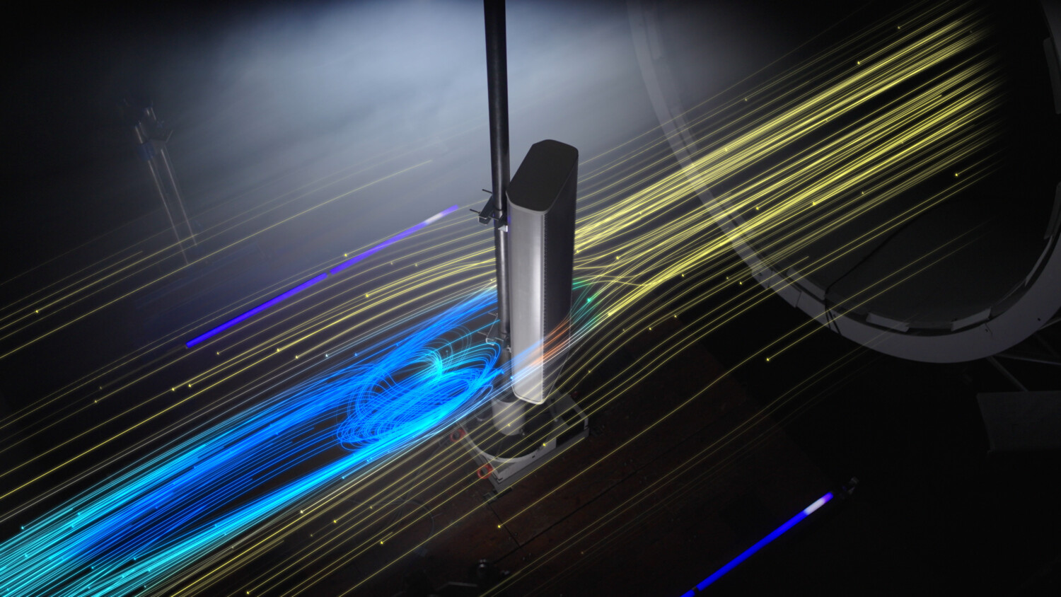 passive antenna in wind tunnel with visualized streams