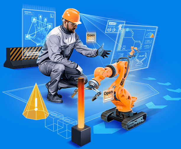 A male engineer interacting with a robotic arm to carry out a dangerous task for Industry 5.0 manufacturing